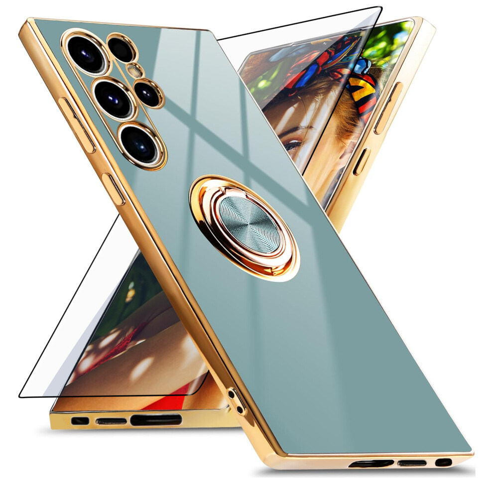 Samsung Galaxy S24 Ultra Case With Screen Protector, 360 Rotating Ring Holder, Magnetic Stand, Shockproof Electroplated Cover, Gray 9365509571330