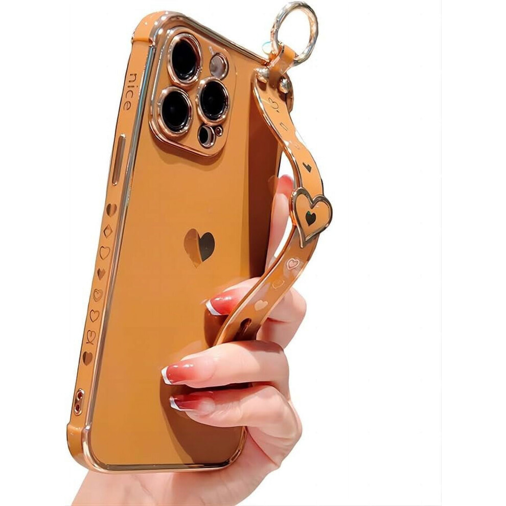 Luxury Electroplated Iphone Case With Love Heart Print, Hand Bracelet & Camera Protection Â Compatible With Iphone 11 Brown 9365509572566