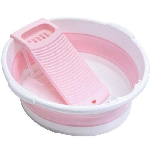 Foldable Washboard Basin with Integrated Washboard Surface, Thickened Plastic, Pink Laundry Tub