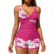 Womens High Waist Tankini Swimsuit With Boyshorts-rose red M