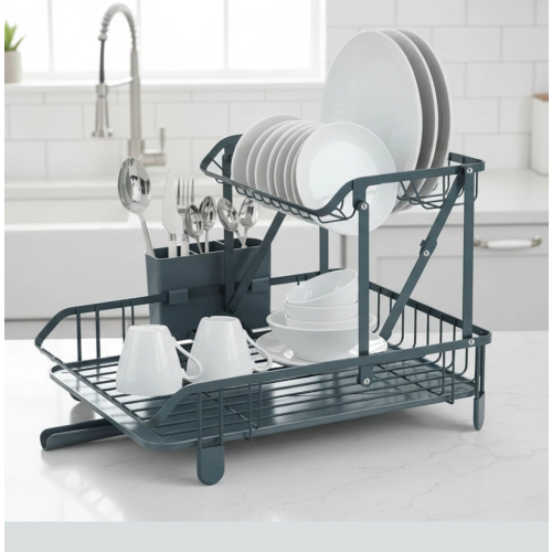2 Tier Dish Rack With Cutlery Holder & Cup Tray 2