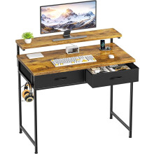 Gaming Desk with Adjustable Monitor Stand, Computer Office Desk with 2 Storage Drawers, Gaming Table with Headphone Hook, Carbon Fibre Surface