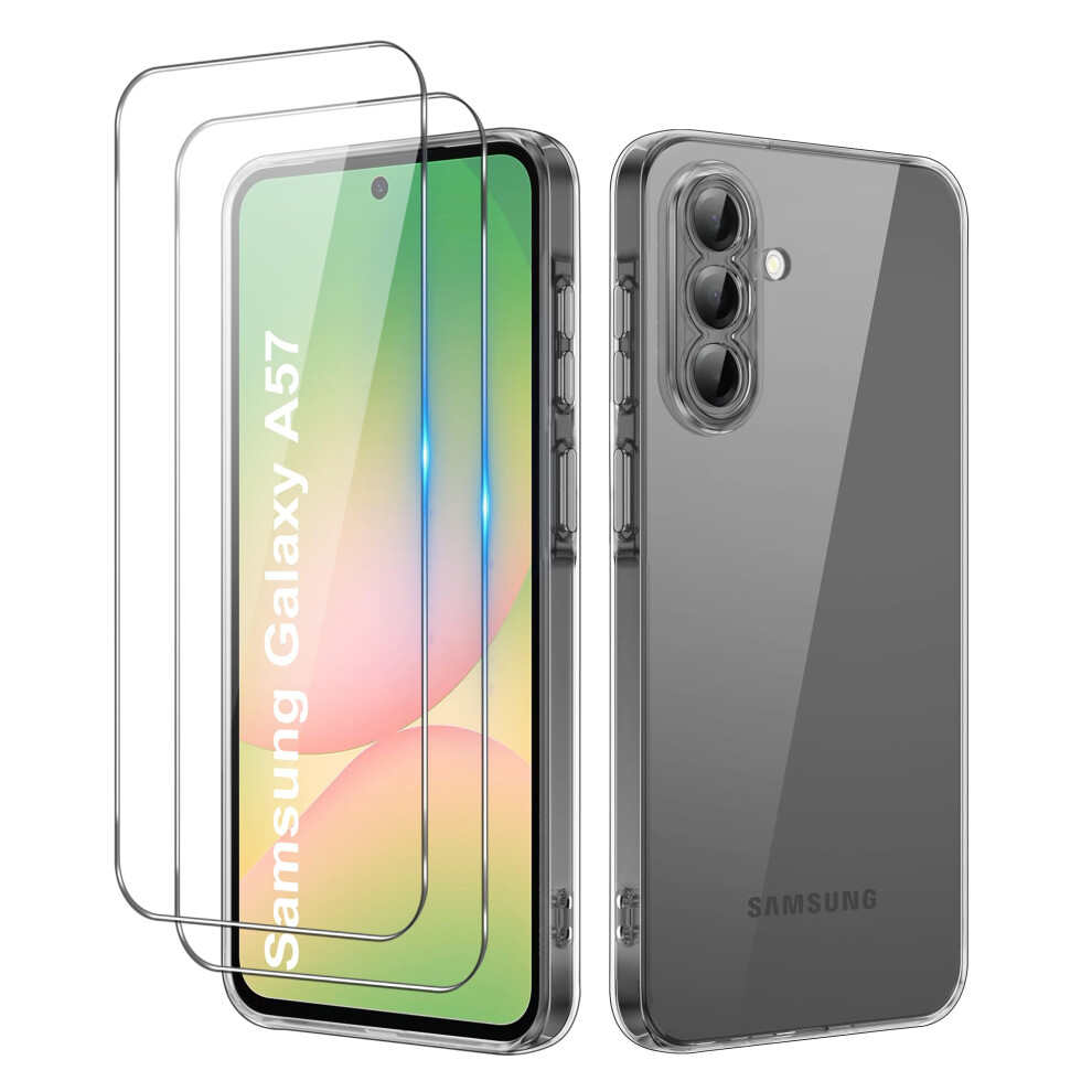 Icatchy Case For Samsung Galaxy A57 Phone, Shockproof Transparent Anti-Scratch Bumper Back Cover With 2-Pack Tempered Glass Clear 5056298030910