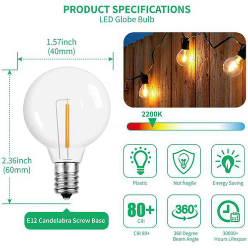 48Pcs G40 Led Replacement Light Bulbs, E12 Screw Base Shatterproof LED Globe Bulbs for Solar String Lights Warm White 2