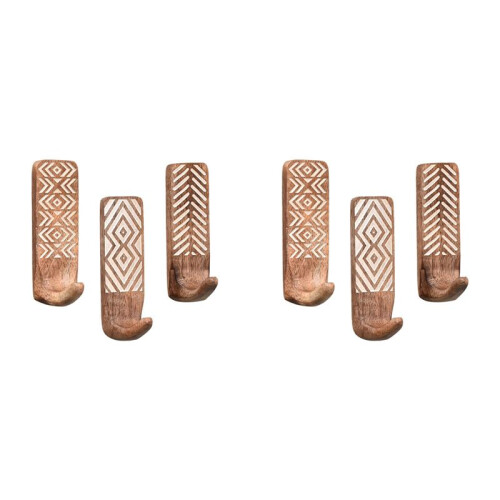 6 Pack Non-Destructive Wood Wall Hooks - Adhesive Wall Hooks - Boho Decorative Wall Hooks