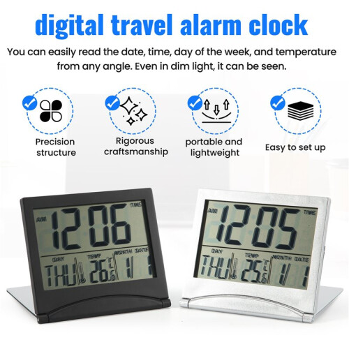 2 Pcs Digital Travel Alarm Clock Foldable LCD Clock with Calendar Temperature Snooze Mode Portable Display Desk Clock 2