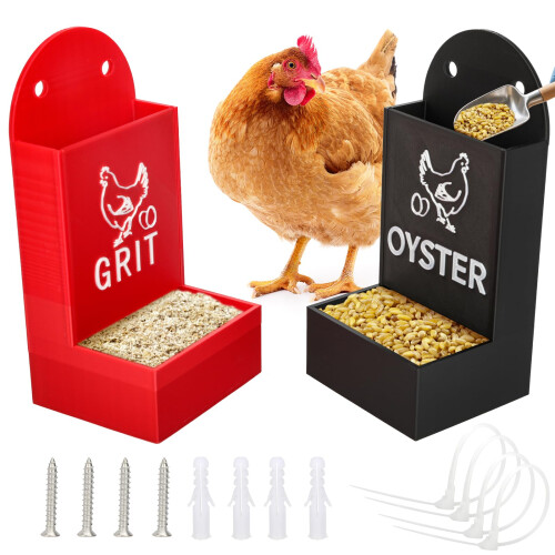 2 Pack Automatic Hanging Chicken Grit and Oyster Shell Feeder with Gravity Trough Design
