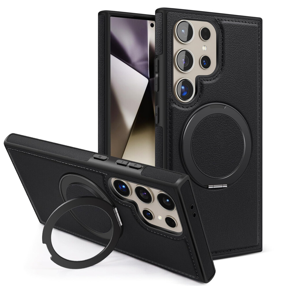 Magnetic Case With 360 Rotating Kickstand, Shockproof Pu Leather Cover, For Samsung Galaxy S25 Ultra Black 9073542720454