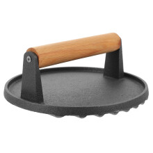 Heavy Duty Cast Iron Burger Press with Ergonomic Wood Handle for Even Sear BBQ and Griddle Cooking