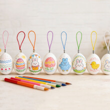 25/50PCS White Easter Egg Ornaments with Chain String, DIY Craft Kit, 6-Color Paint Brushes, Festive Party Decor – Compatible with Easter