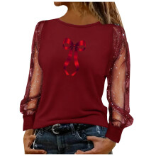 Blusa roja de manga larga para mujer, ideal para fiestas navideñas, con estampado de lazo y mangas abullonadas transparentes, talla XL.