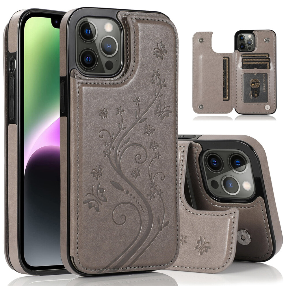 Iphone 15 Case With Card Holder, Embossed Flower Magnetic Flip Wallet Case, Shockproof Protective Cover (6.1"), Â Compatible With Iphone 15 Gray 9365509576786