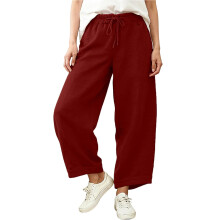 Pantalon décontracté pour femme, coupe ample, longueur cheville, taille élastiquée avec cordon de serrage, en polyester doux avec poches, couleur
