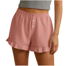 Dam Casual Lounge Shorts Ribbade Nattplagg Pyjamas Elastisk Midja Pull-On Mjuk Stretchig Nylon Spandex Volang Fåll Röd, Storlek XL