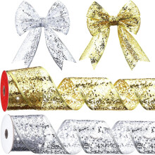 2 Rolls 2.5"10 Yd Glitter Wire Mesh Ribbon, Sparkle Metallic Sequin Wired Ribbon for Crafts, Christmas, Gifts, Wreaths – Compatible with Craft