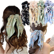coleteros de seda con lazo, gomas para el pelo con lazo y diseño de perlas, coleteros de cinta de satén para coleta, accesorios para el cabello