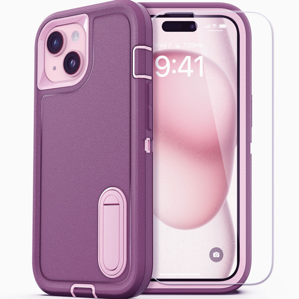 Iphone 15 (6.1") Case With Built-In Screen Protector & Kickstand Â Military Shockproof, Compatible With Iphone 15 Purple 9365509581063