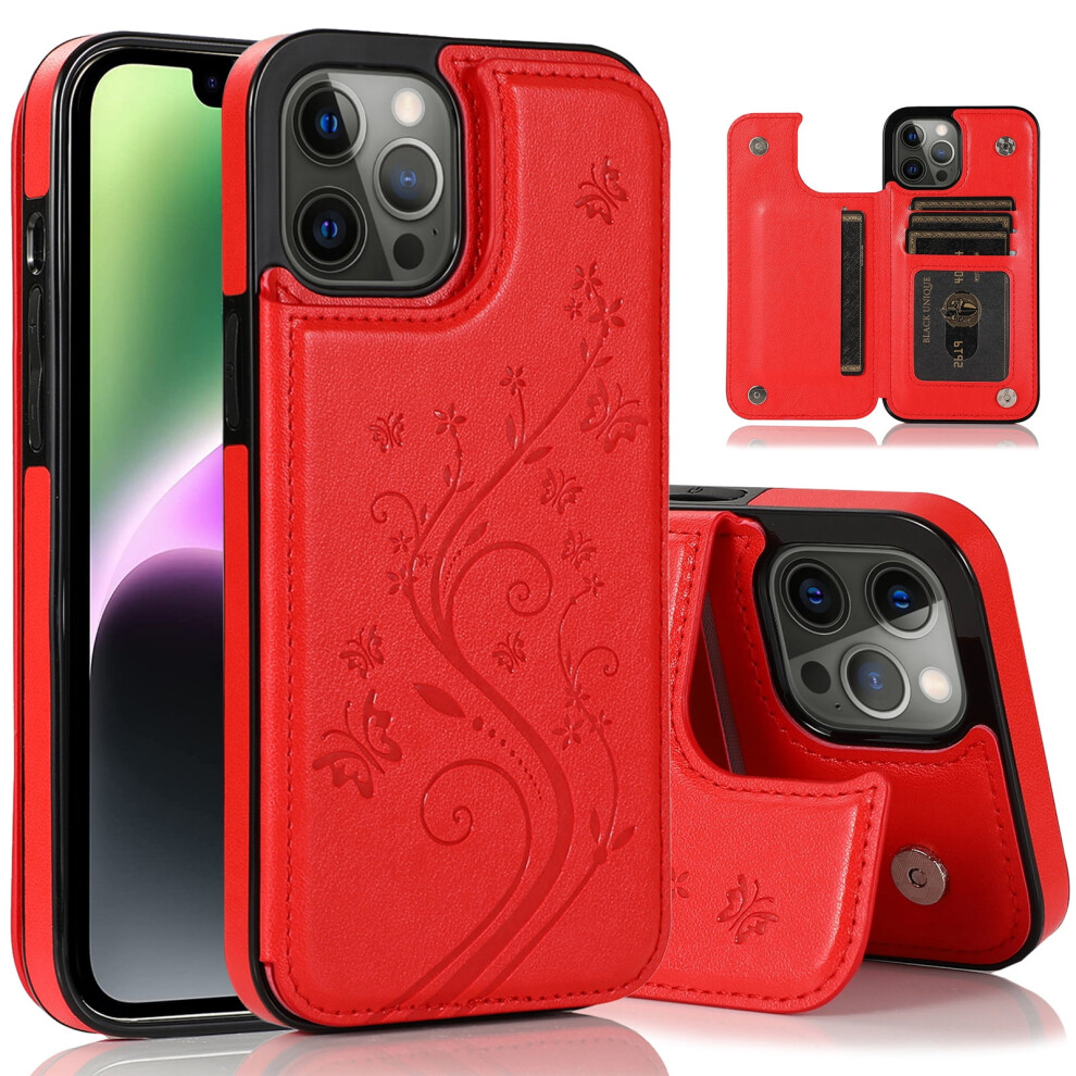 Iphone 15 Case With Card Holder, Embossed Flower Magnetic Flip Wallet Case Â Shockproof Cover For Iphone 15 (6.1") Red 9365509580257