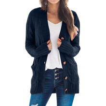 Dame overdimensjonert svart cardigan, langermet rund hals, ensfarget, marineblå XL, kompatibel med alle årstider