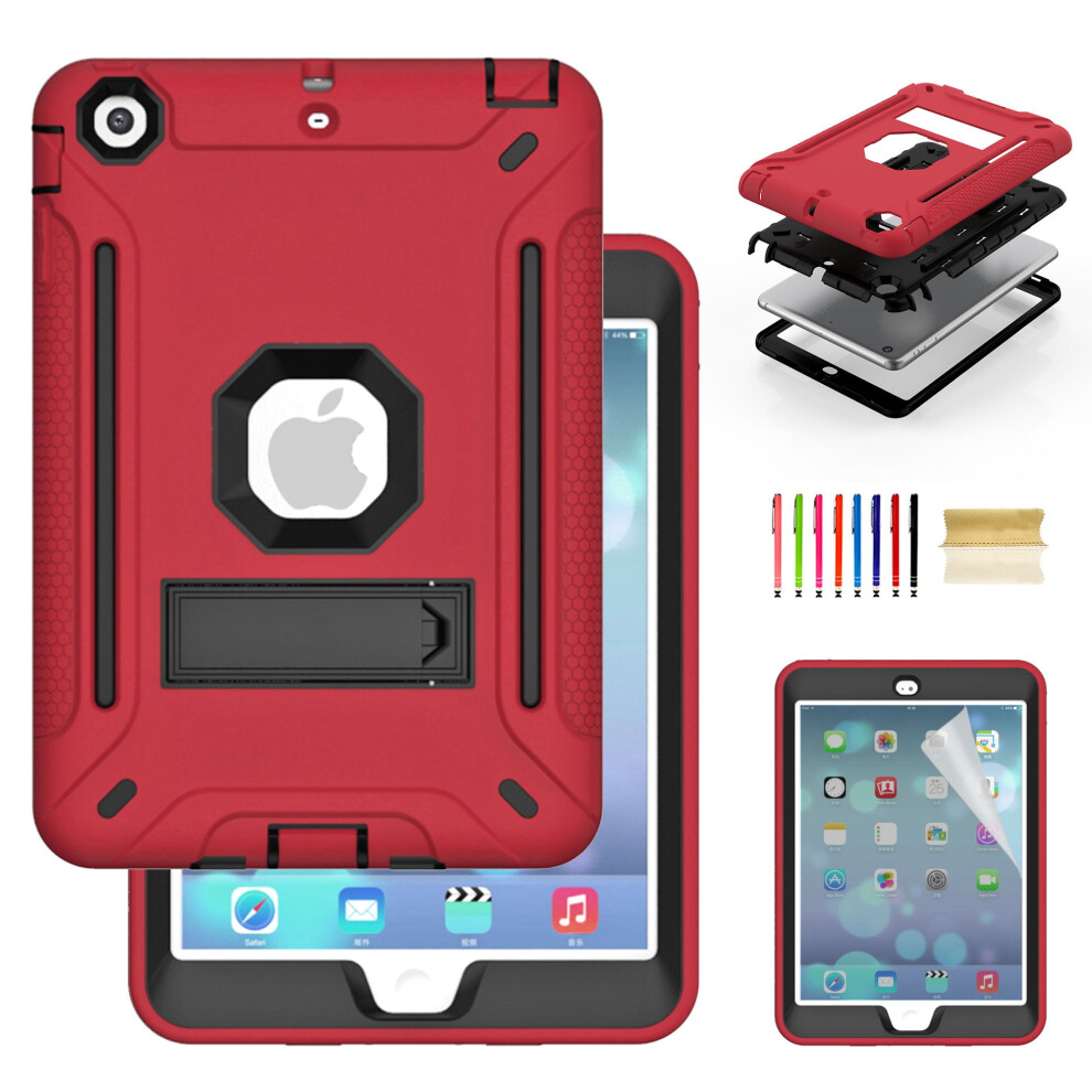 Compatible With Ipad Mini Case W/ Screen Protector, Fits Mini 2/3/Retina, 3-Layer Shockproof Kickstand Case, Red/Black 9365509581025