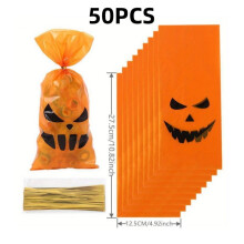 50 bolsas de dulces con forma de calavera y calabaza para Halloween – Bolsas de plástico naranjas y negras para pedir dulces, recuerdos de fiesta