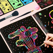 Scratch Paper Art Set,50 Sheets 8x11in Rainbow Coated Scratchboard Large Scratch Paper with Wooden Styluses and Stencils
