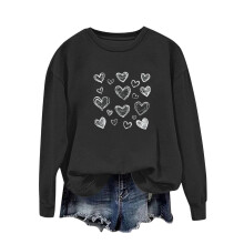 Dames Valentijnshart-sweatshirt, zwart, oversized ronde hals, handgetekende print, zachte trui met lange mouwen, maat XL, geschikt voor Valentijnsdag.