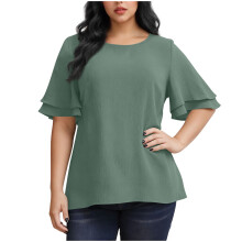 Blusa verde menta de talla grande para mujer - Blusa holgada arrugada con mangas de volantes de 3/4, blusa casual de nailon y elastano para uso