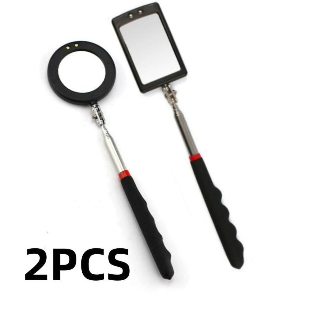 2Pcs Square And Round Telescoping Mirror, Extend Tool Vehicle Inspection Mirror, Car Led Lighted Machinist Inspectors For Vehicle Auto Mechanic 9365509583104