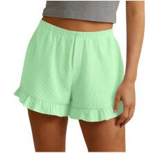 Damen-Lounge-Shorts, gerippt, zum Überziehen, bequem, dehnbar, Nylon-Spandex, elastischer Bund, Rüschensaum, Mintgrün, Größe M