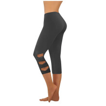 Damcapribyxor med hög midja och utskurna knän, svarta stretchiga nylon-spandex tränings-yoga-loungebyxor för vardagsbruk, storlek M