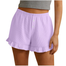 Damen-Loungewear- und Pyjamashorts, gerippt, weicher elastischer Bund, zum Hineinschlüpfen, Nylon-Spandex, Rüschensaum, Lavendel-Lila, Größe XL