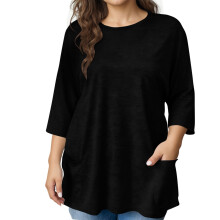 Blusa tipo túnica de talla grande para mujer con bolsillos, manga tres cuartos, color negro jaspeado, corte relajado, tejido suave y transpirable,