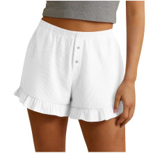 Dame Comfort Lounge Shorts Ribbet Natpyjamas Elastisk Talje Pull-On Blød Nylon Spandex Flæsekant Hvid, Størrelse S