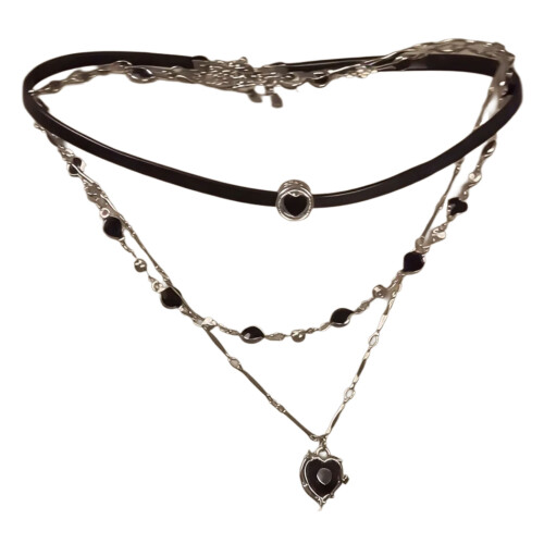 Comfortable Multiple Layer Necklace Black Leather Cord Heart-A