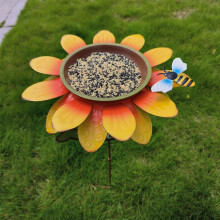 Yellow Sunflower Bird Feeder and Standing Bird Bath for Small Wild Birds, Durable Metal Outdoor Tray