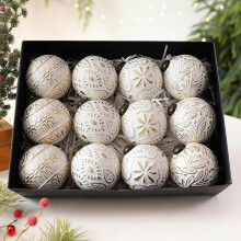 Vintage Christmas Ornaments for Tree Decorations - Rustic Christmas Ball Ornaments Gold White for Indoor Holiday Xmas Decor - Pack of 12 White