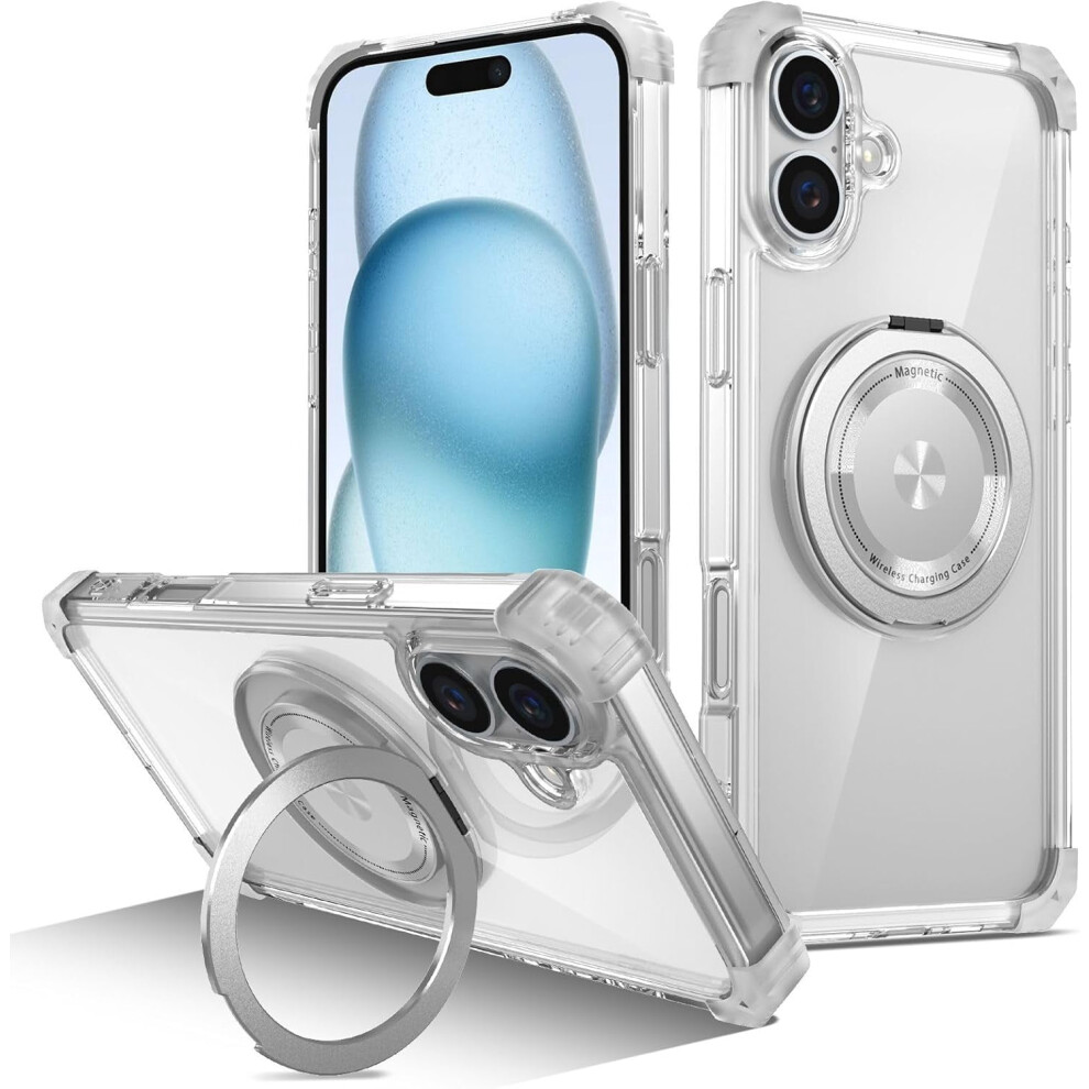 Military-Grade Clear Case For Iphone 16 (6.1") Â Shockproof, Built-In Kickstand & Rotating Magnetic Ring Holder Golden 9365509592090