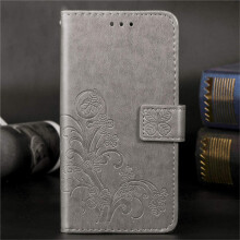 Leather Wallet Phone Case for LG W10 with Flower Pattern, Card Holder, Hand Strap, Magnetic Closure, Gray