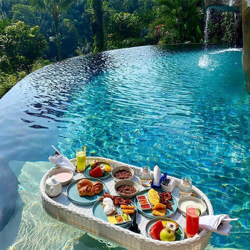 Floating Pool Tray White Rattan Serving Surface for Breakfast Drinks Snacks Spa and Parties