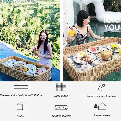 Floating Pool Tray White Rattan Serving Surface for Breakfast Drinks Snacks Spa and Parties 1