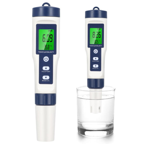 5in1 Digital Water Quality Tester with Backlit LCD for pH EC TDS Salinity Temperature