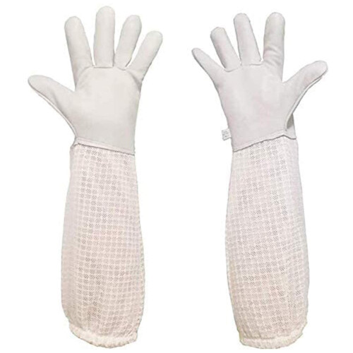 Goatskin Beekeeping Gloves Large with 3Layer Ventilated Mesh Sleeves and Elastic Cuffs