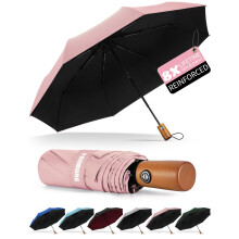Windproof Travel Umbrella with Wood Handle, Automatic Open Large Canopy, Compact and Lightweight