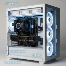 ASC Gaming PC - Ryzen 5 8400F, 16GB DDR5 RAM, RTX 5050, 1TB SSD, White 6 Fan RGB Case, Windows 11 Pro, WiFi