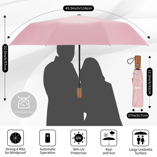 Windproof Travel Umbrella with Wood Handle, Automatic Open Large Canopy, Compact and Lightweight 1