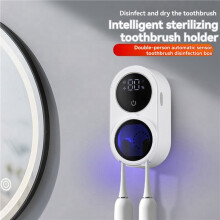 2X Tandenborstelhouder en -Reiniger voor Badkamer, Licht, Reinigingsventilator, Droogfunctie, Automatisch Draaibaar Deksel, Wandmontage, Home