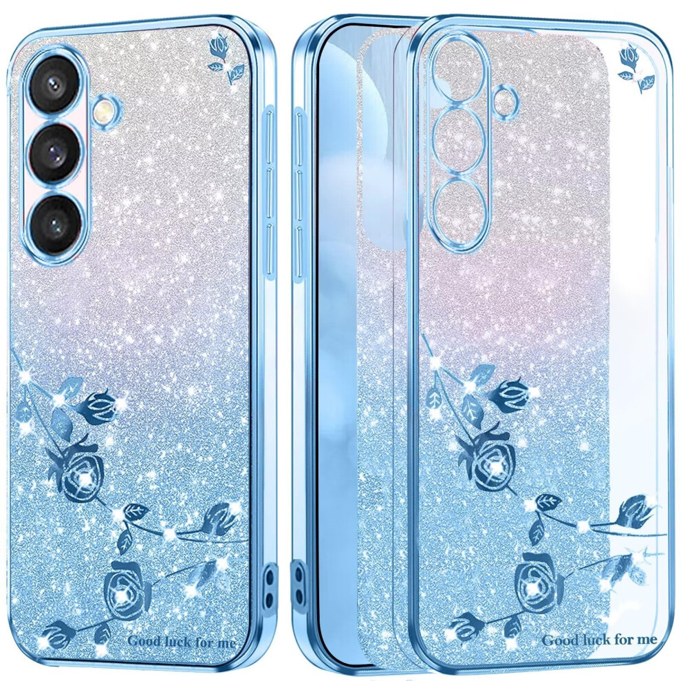 Glitter Floral Shockproof Tpu Cover Transparent Flower Design Case For Samsung Galaxy A21 Blue 9455672280228