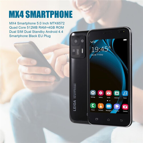 Smartphone MX4 5.0 Polegadas MTK6572 Quad Core 512MB RAM+4GB ROM Dual SIM Dual Standby Android 4.4 Smartphone Preto Plugue UE 2