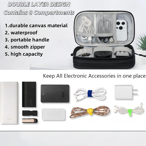 Electronics Accessories Organizer Waterproof Travel Case Small Double Layer Cable Storage Bag Black 2